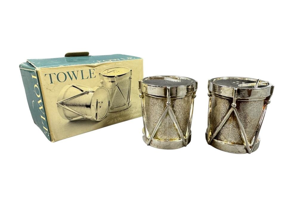 Vintage Towle Silverplate Drums Salt & Pepper Shakers Original Box